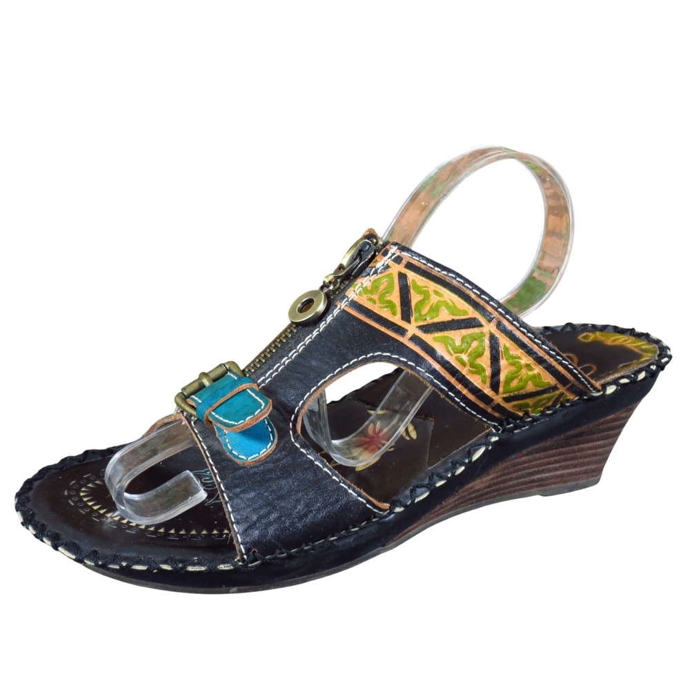 Elite by Corkys Sapelo Women Wedge‎ Slide Sandal Size 6 Boho Hand Painted Black